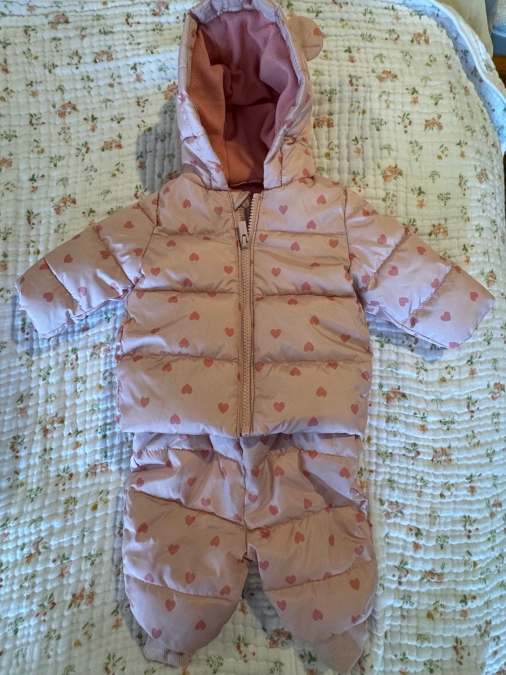 Baby Pink Heart Puffer Snow jacket and pants